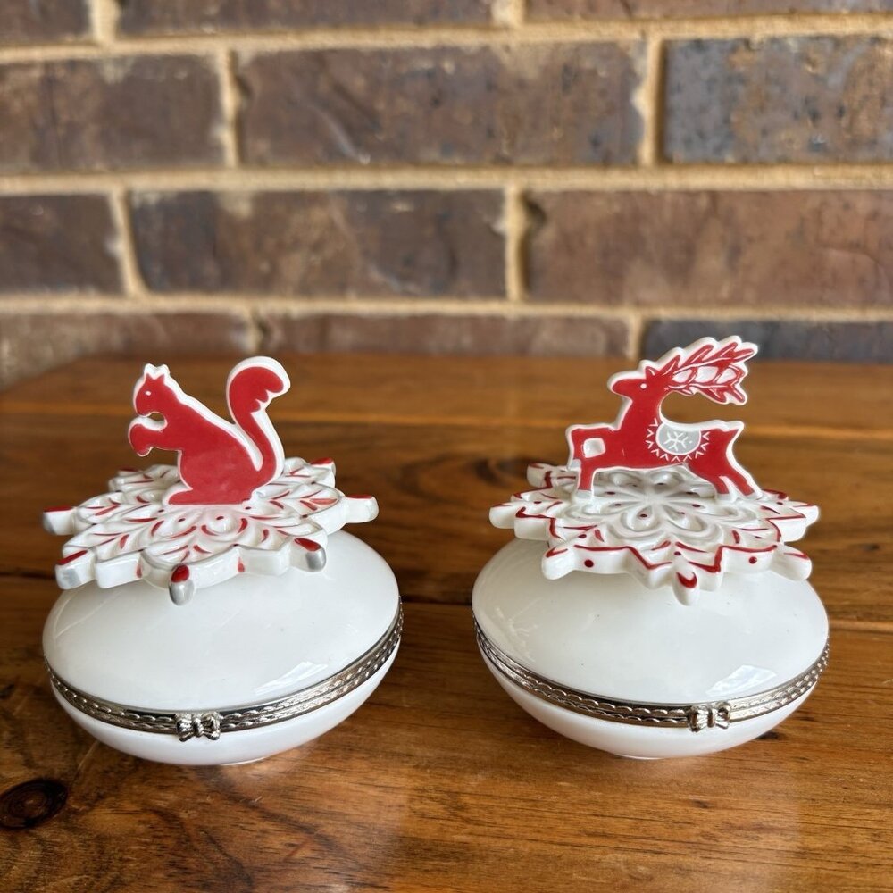 Villeroy & Boch Snowflake And Reindeer And Squirrel Hinged Trinket Box Set Of 2